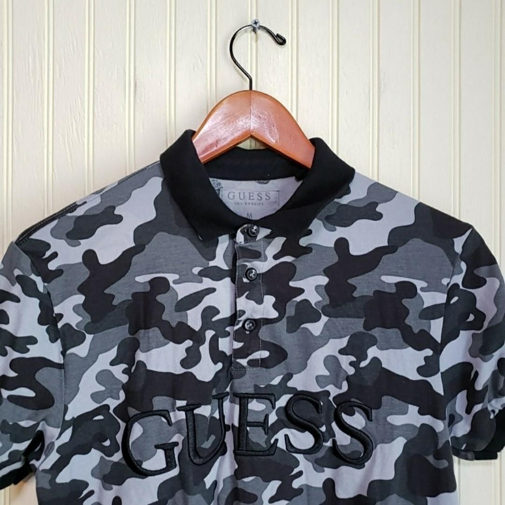 Guess Polo Shirt Mens Medium Gray‎ Camouflage Short Sleeve Logo Embroidered